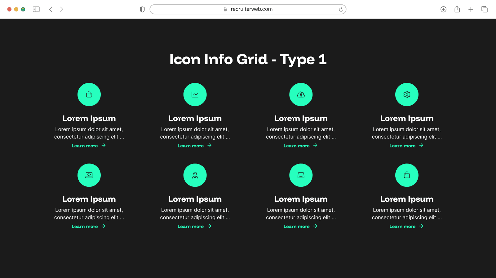 "Icon Info Grid Type 1" widget example: grid of circular gradient icons with Learn more links