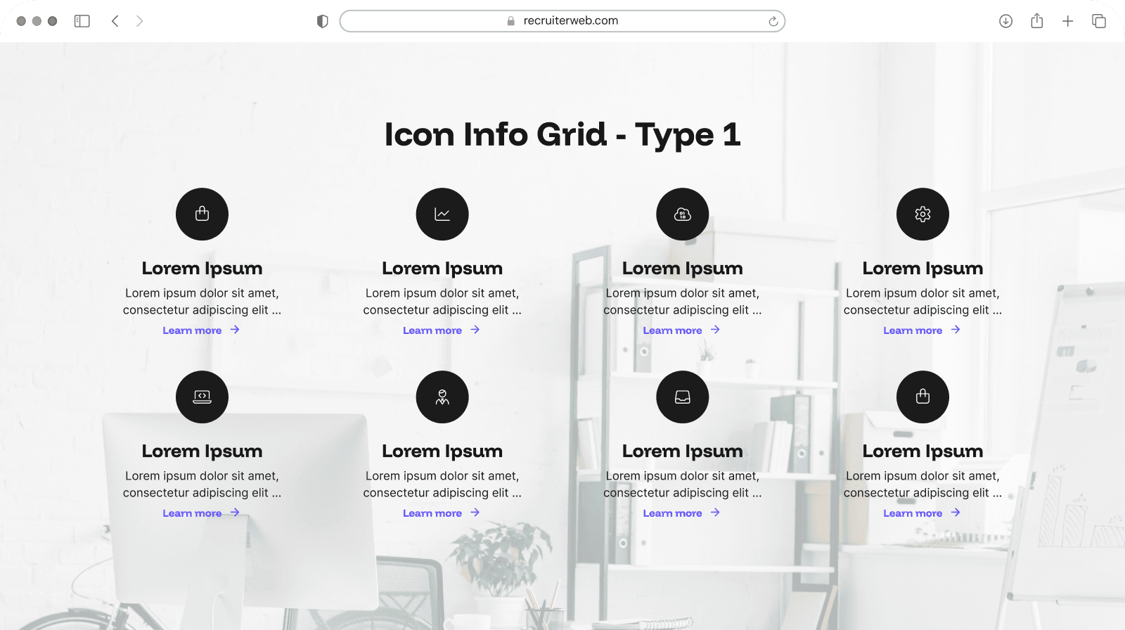 "Icon Info Grid Type 1" widget example: grid of circular gradient icons with Learn more links