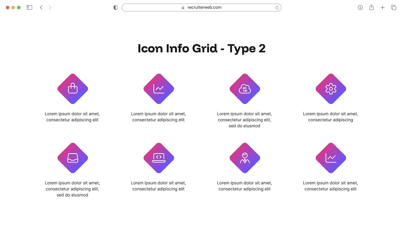 "Icon Info Grid Type 2" widget example: grid of diamond-shaped gradient icons