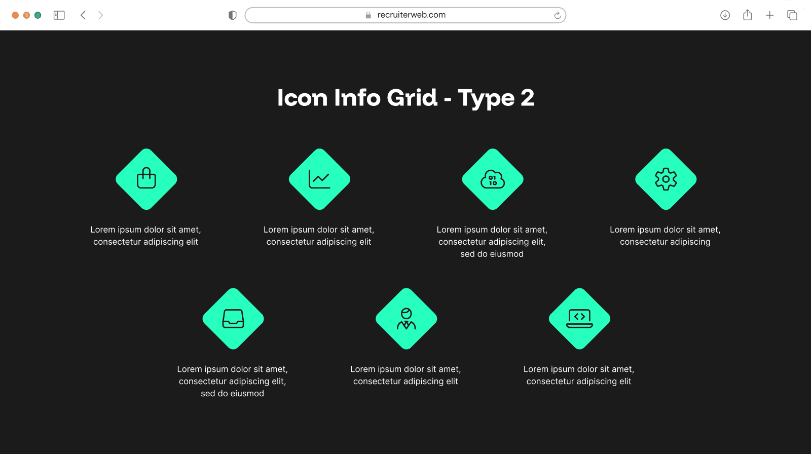 "Icon Info Grid Type 2" widget example: grid of diamond-shaped gradient icons