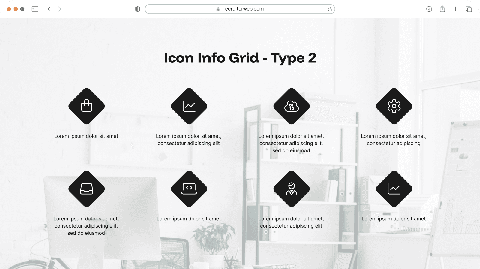 "Icon Info Grid Type 2" widget example: grid of diamond-shaped gradient icons