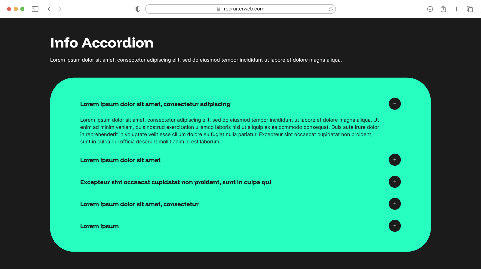 "Info Accordion" widget example: accordion panel with one question expanded