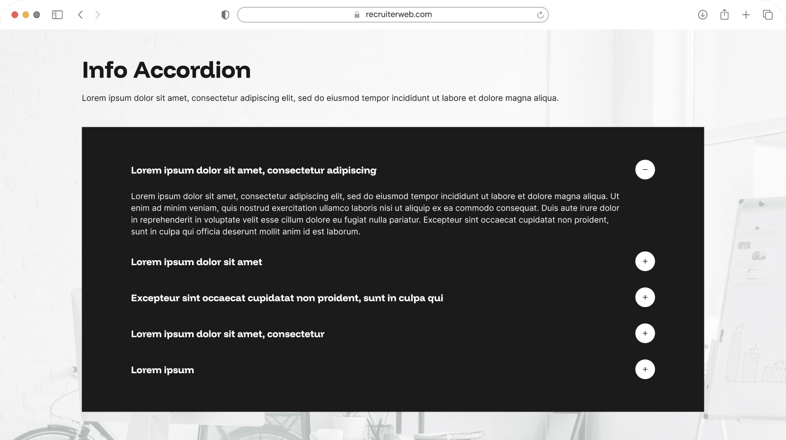 "Info Accordion" widget example: accordion panel with one question expanded