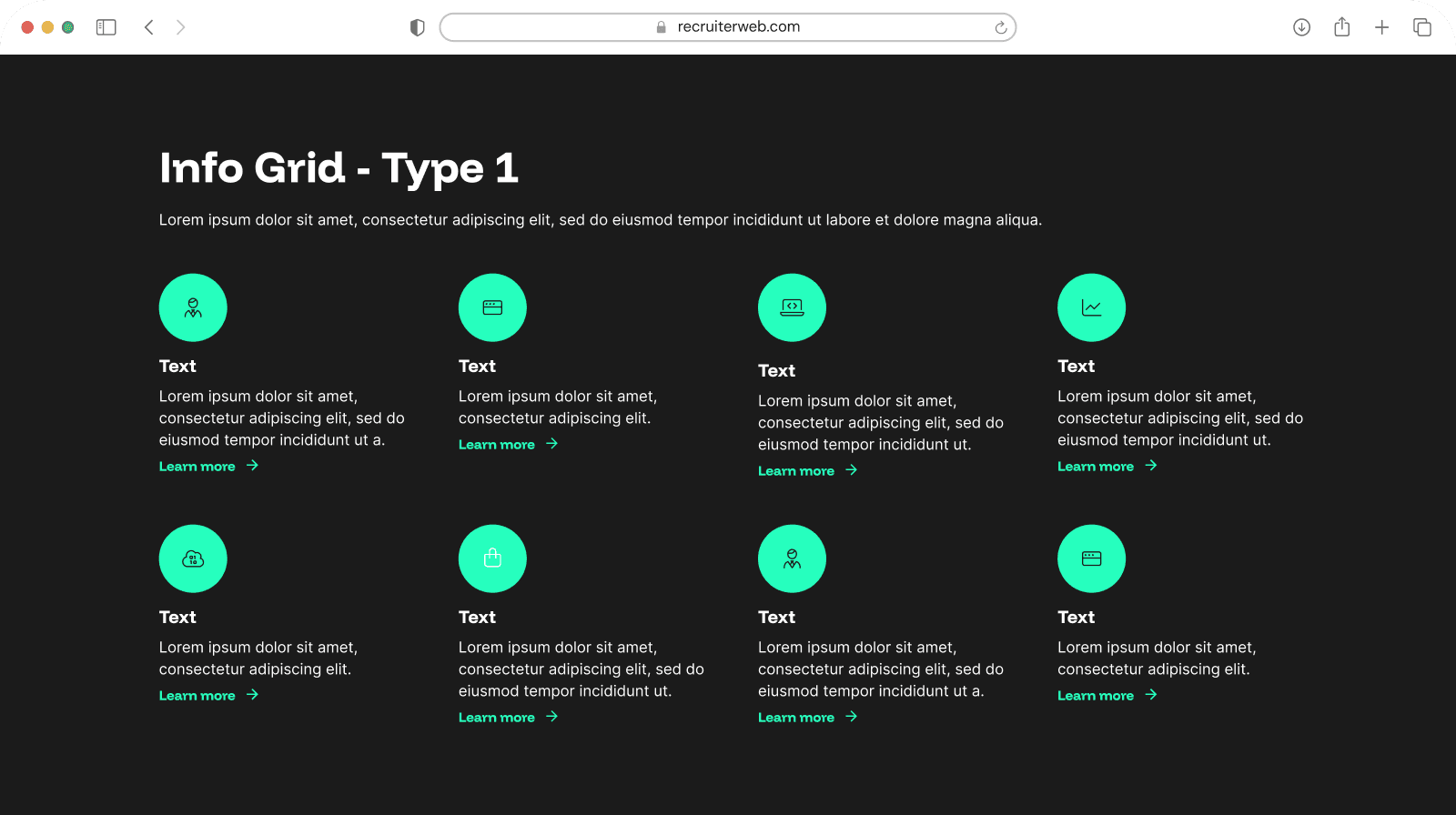 "Info Grid Type 1" widget example: grid of circular gradient icons with title and text