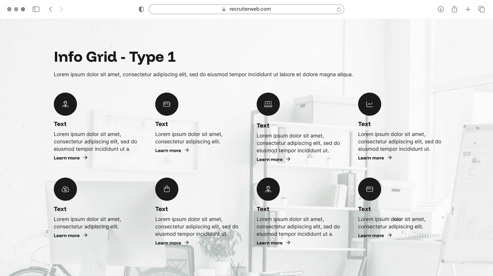 "Info Grid Type 1" widget example: grid of circular gradient icons with title and text
