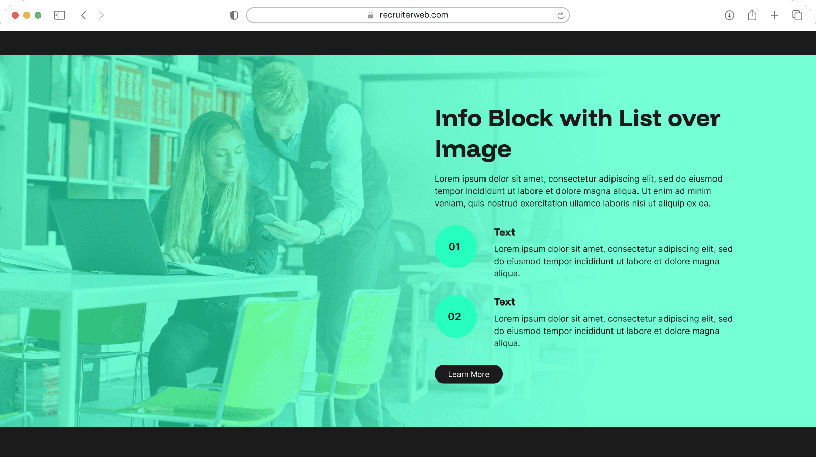 "Info Block with List over Image" widget example: numbered list over a photo