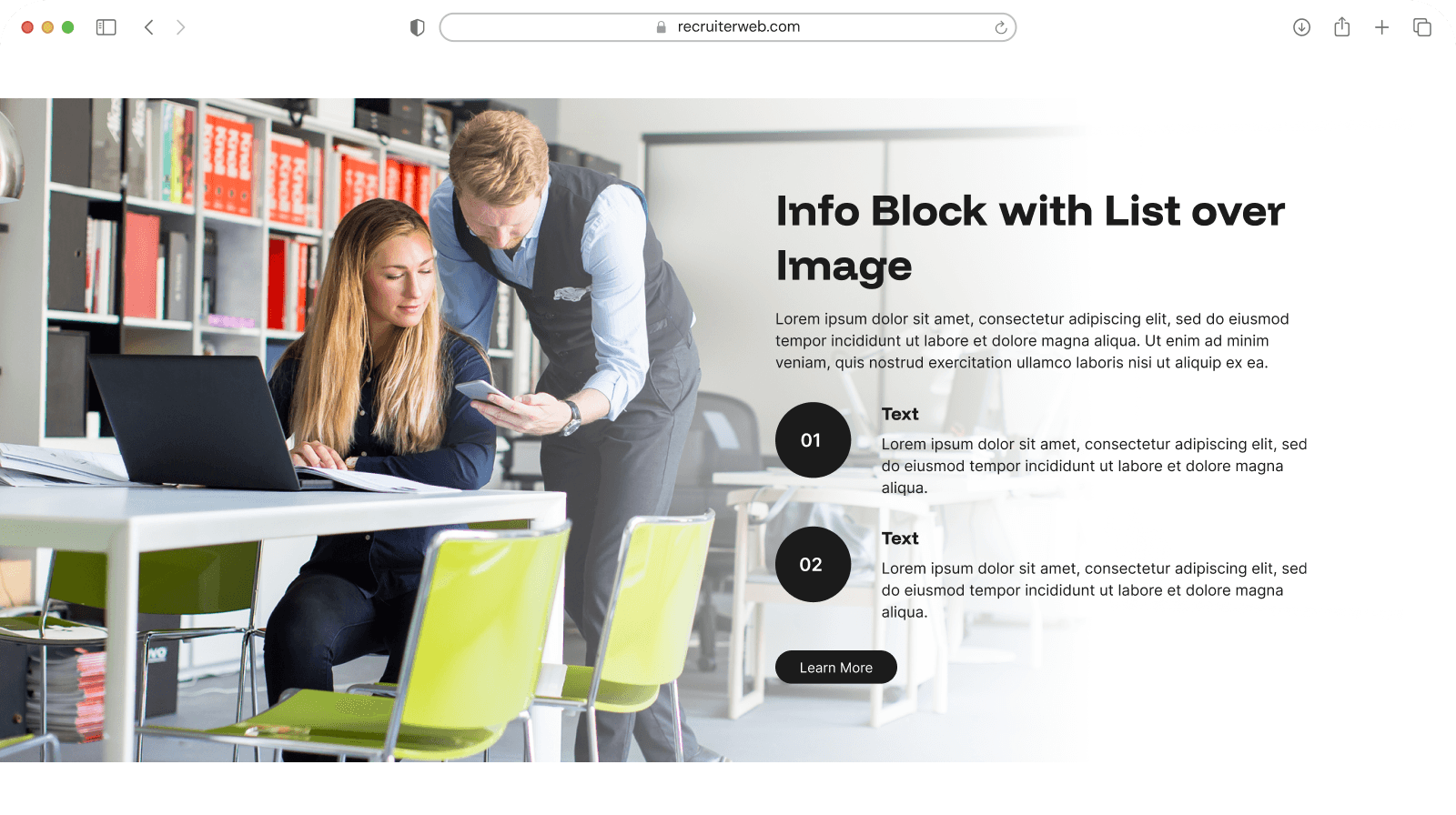 "Info Block with List over Image" widget example: numbered list over a photo