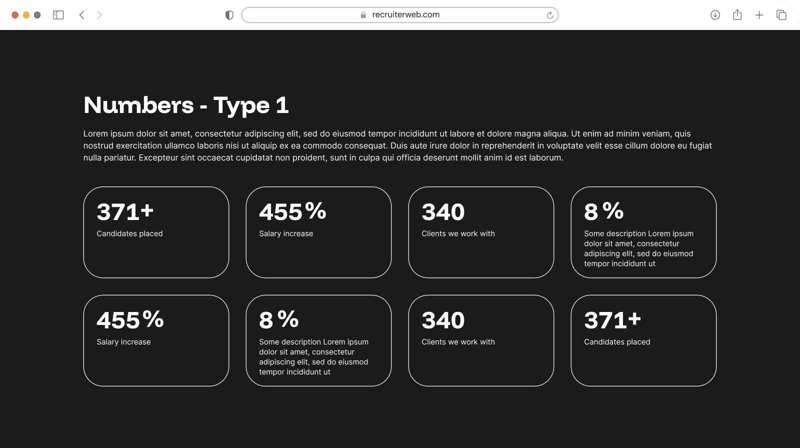 "Numbers Type 1" widget example: grid of statistic figures with labels