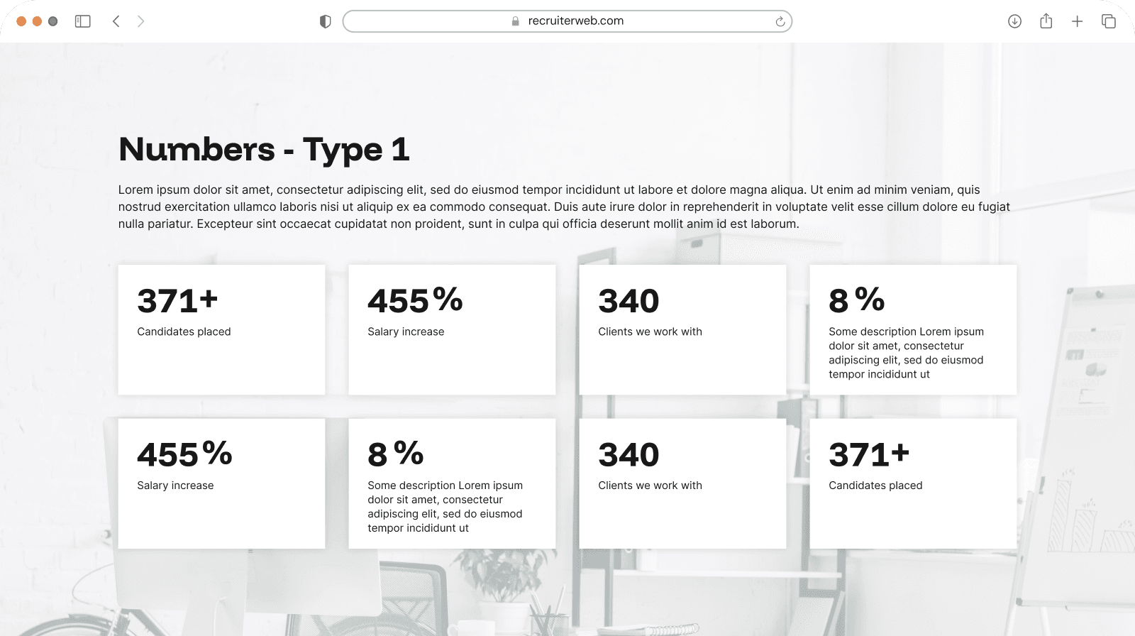 "Numbers Type 1" widget example: grid of statistic figures with labels