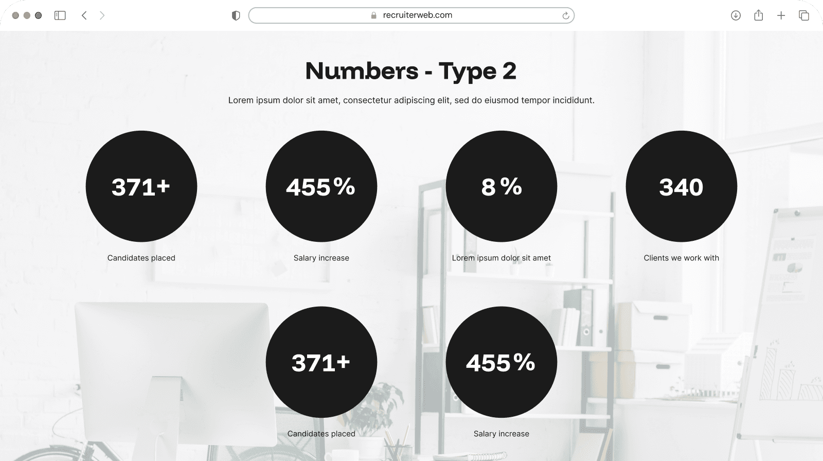"Numbers Type 2" widget example: statistic figures in circular badges