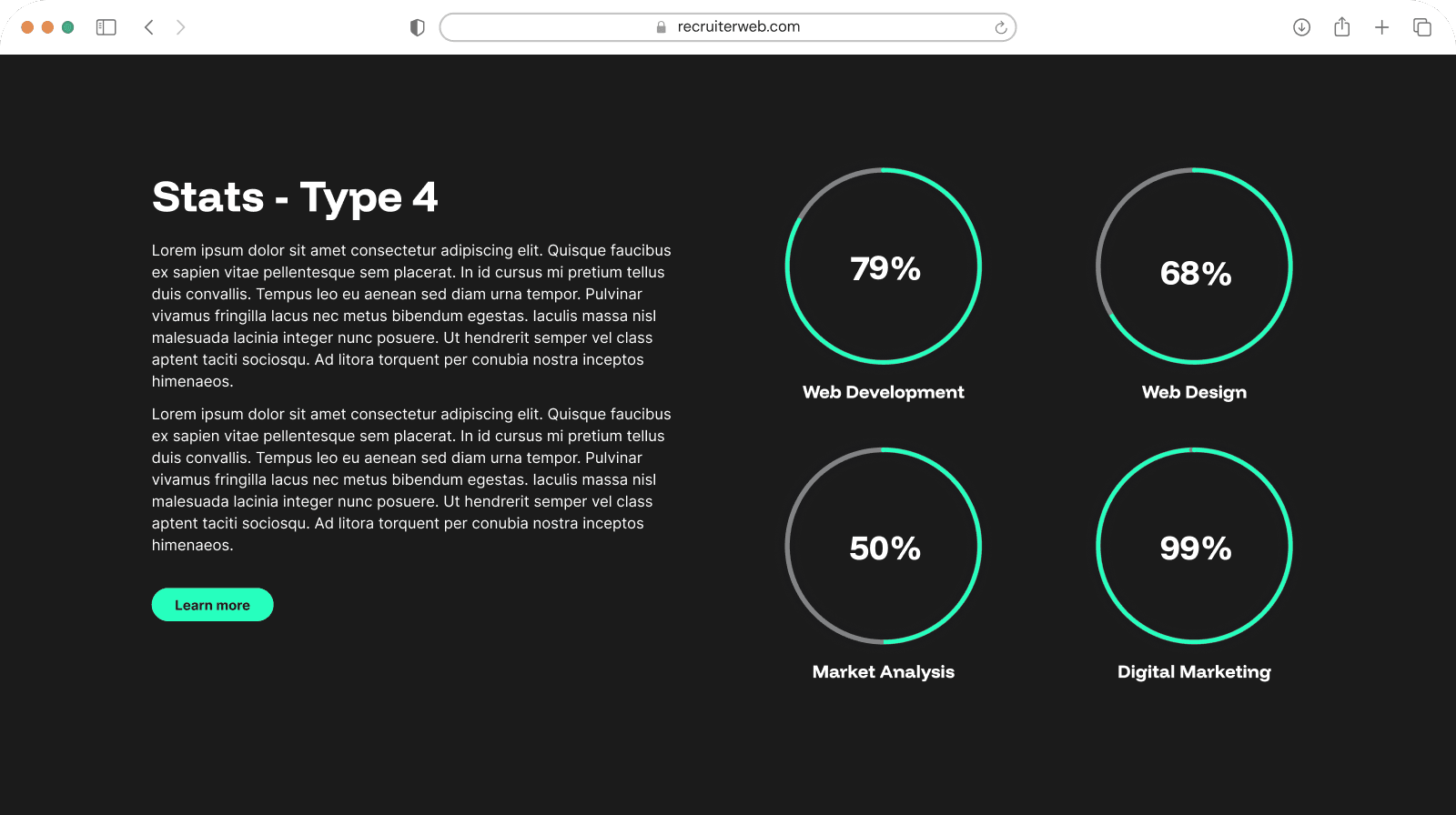 "Stats - Type 4" widget example: circular percentage gauges beside body text