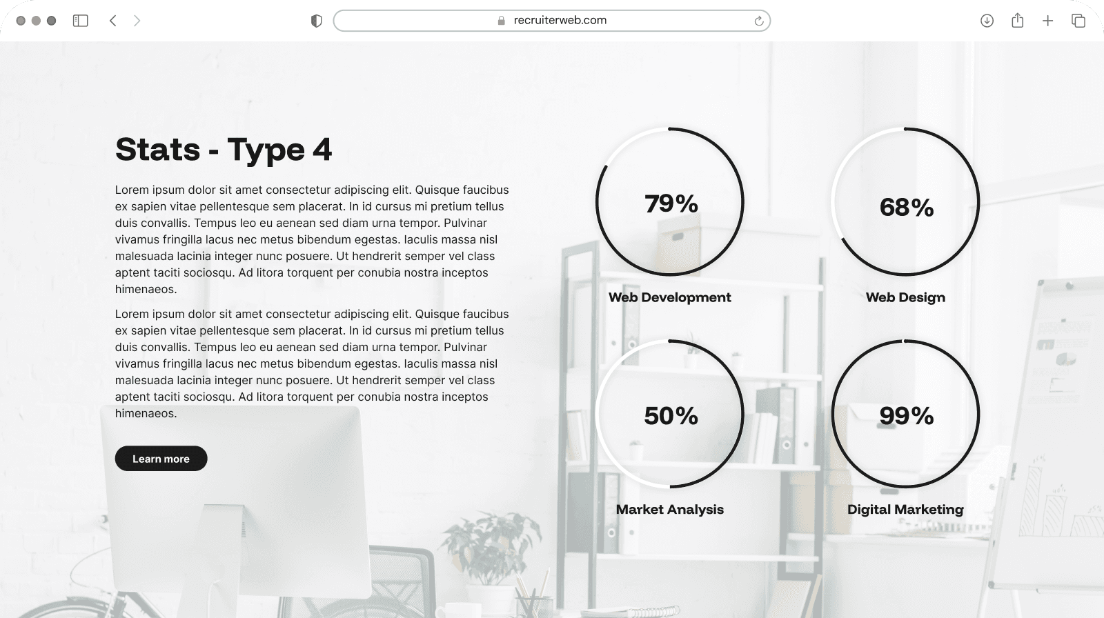 "Stats - Type 4" widget example: circular percentage gauges beside body text