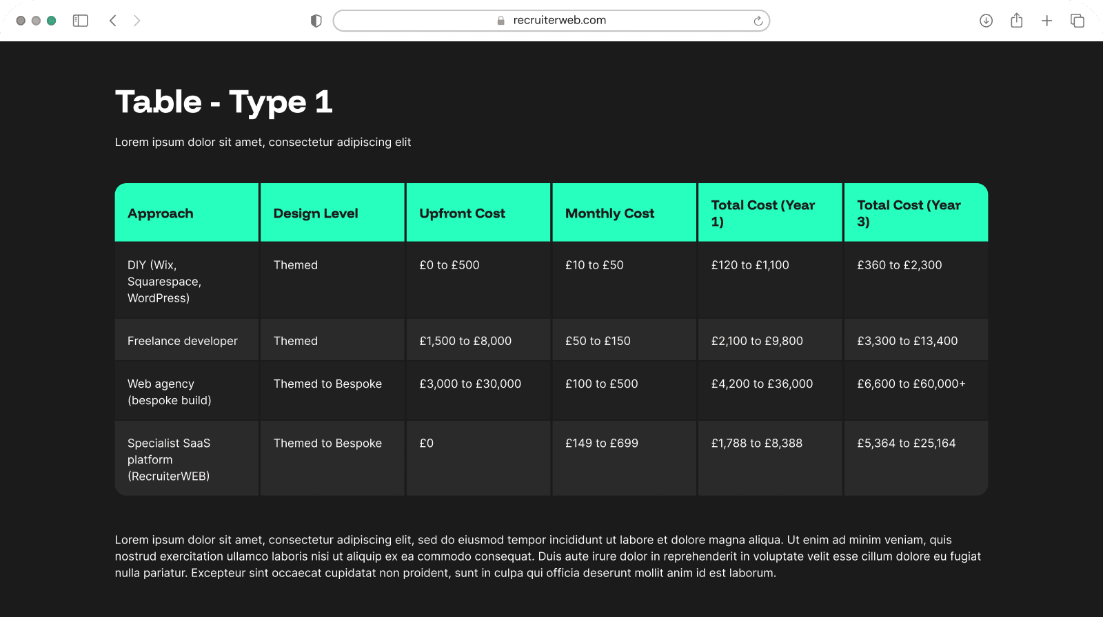 "Table - Type 1" widget example: data table with column headers and row values