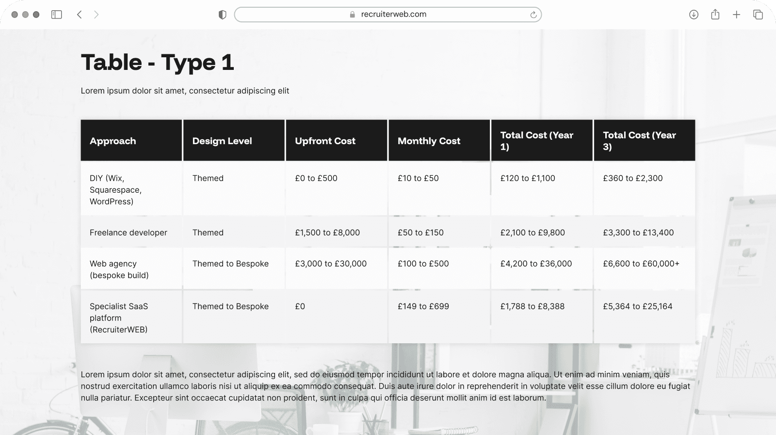 "Table - Type 1" widget example: data table with column headers and row values