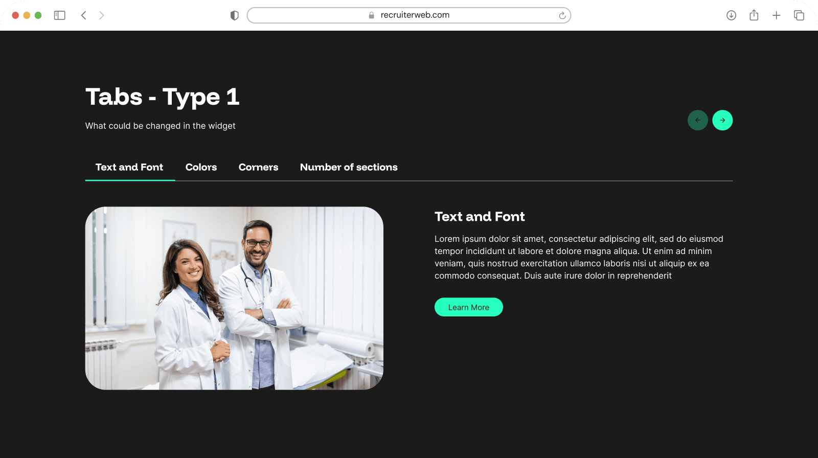 "Tabs - Type 1" widget example: tab navigation with a circular photo and description panel