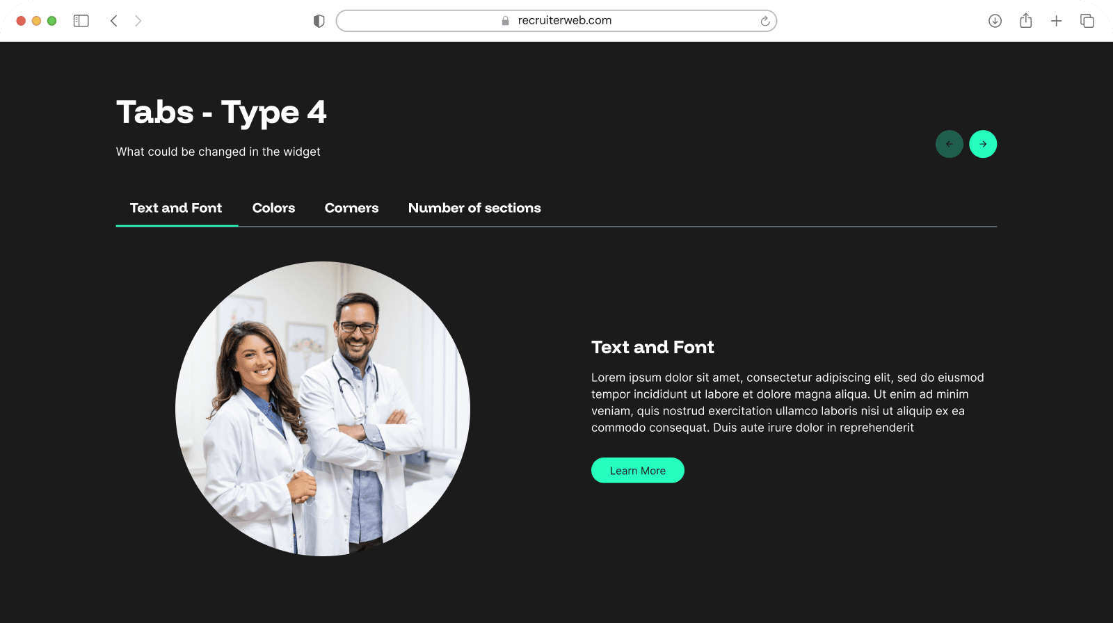 "Tabs - Type 4" widget example: tab navigation listing Text and Font, Colors, Corners, and Number of sections