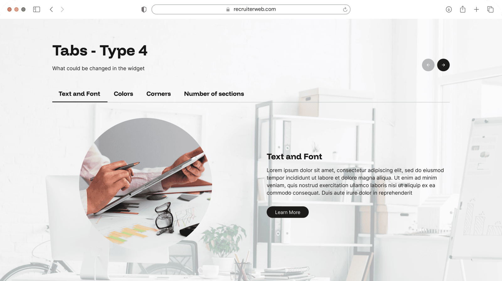 "Tabs - Type 4" widget example: tab navigation listing Text and Font, Colors, Corners, and Number of sections