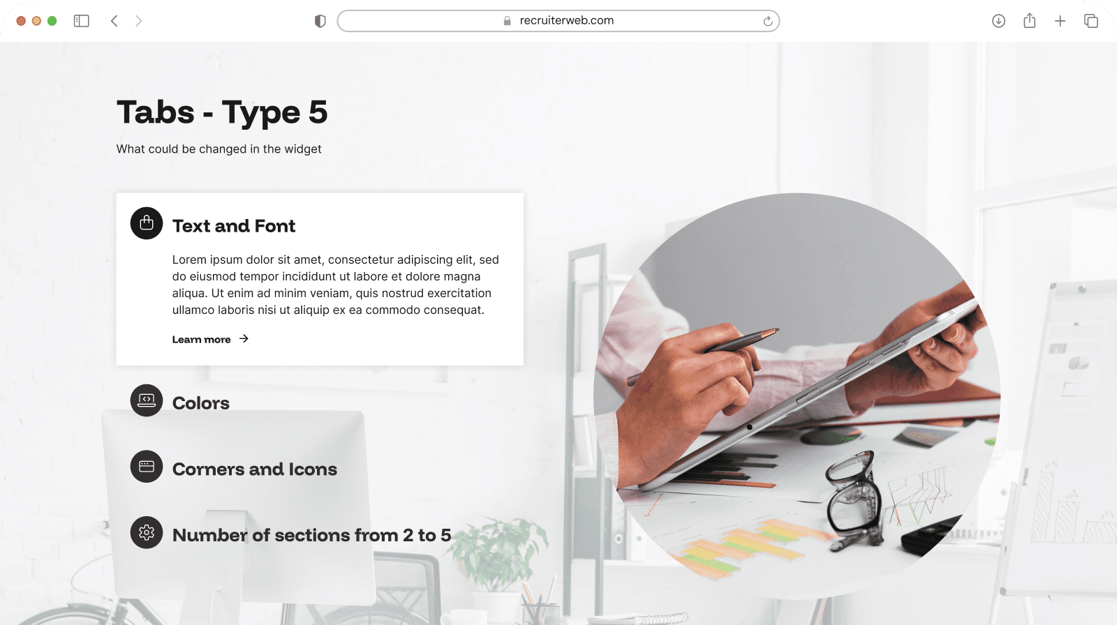 "Tabs - Type 5" widget example: vertical icon tab list beside a circular photo