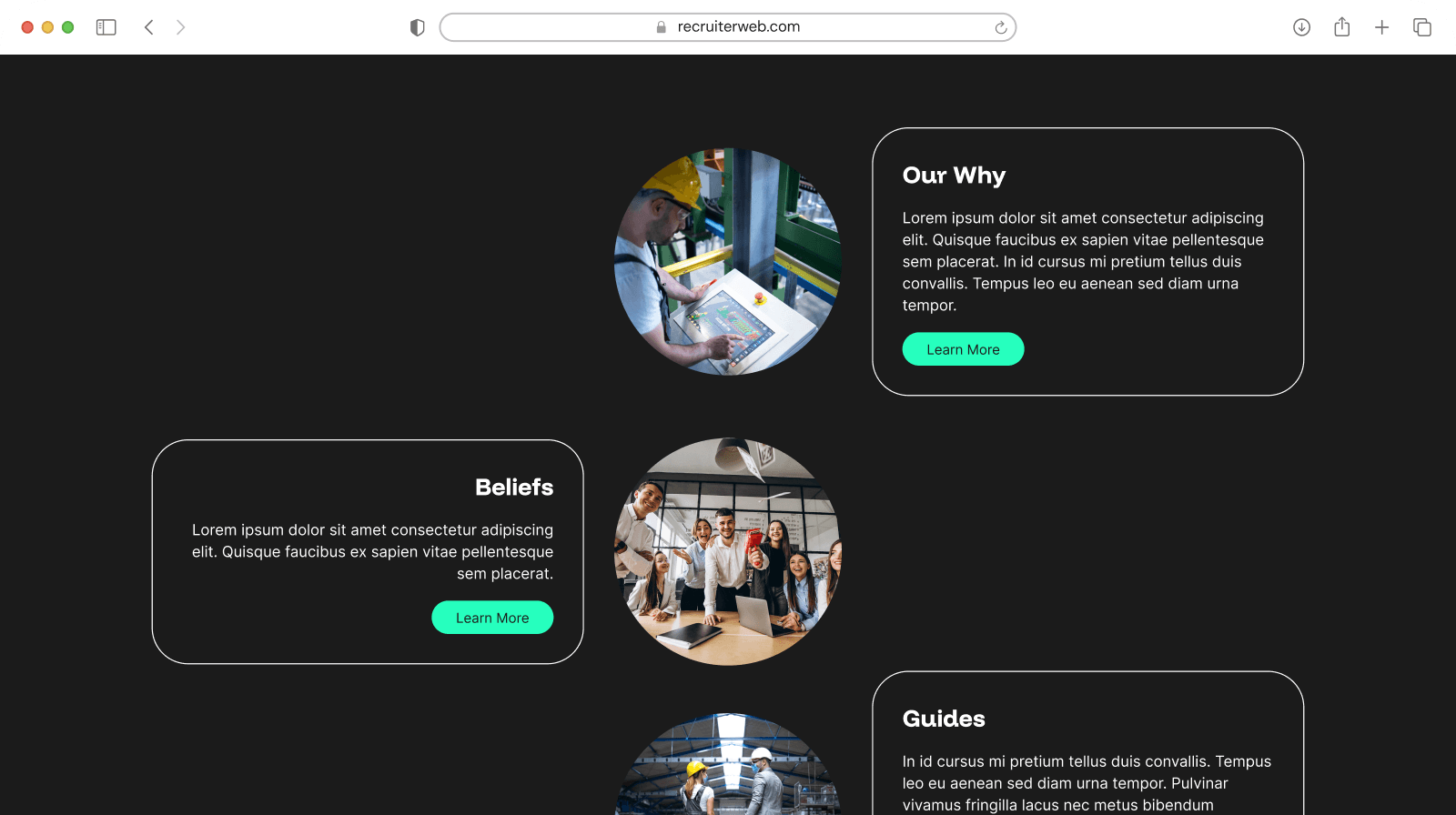 Visual story widget example: staff photo cards paired with Our Why, Beliefs, and Guides text
