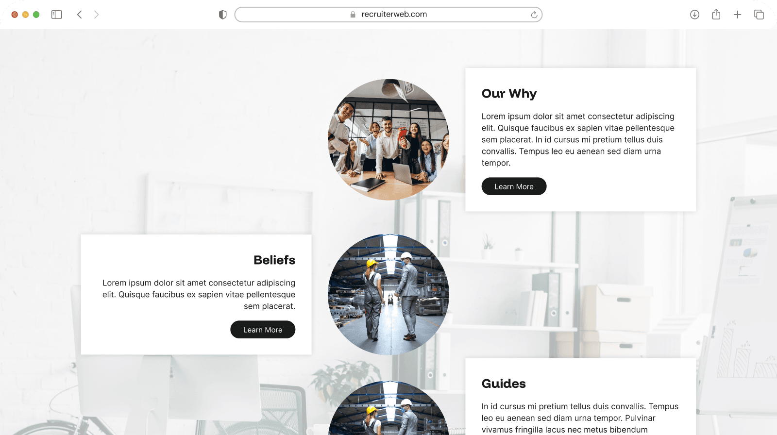 Visual story widget example: staff photo cards paired with Our Why, Beliefs, and Guides text