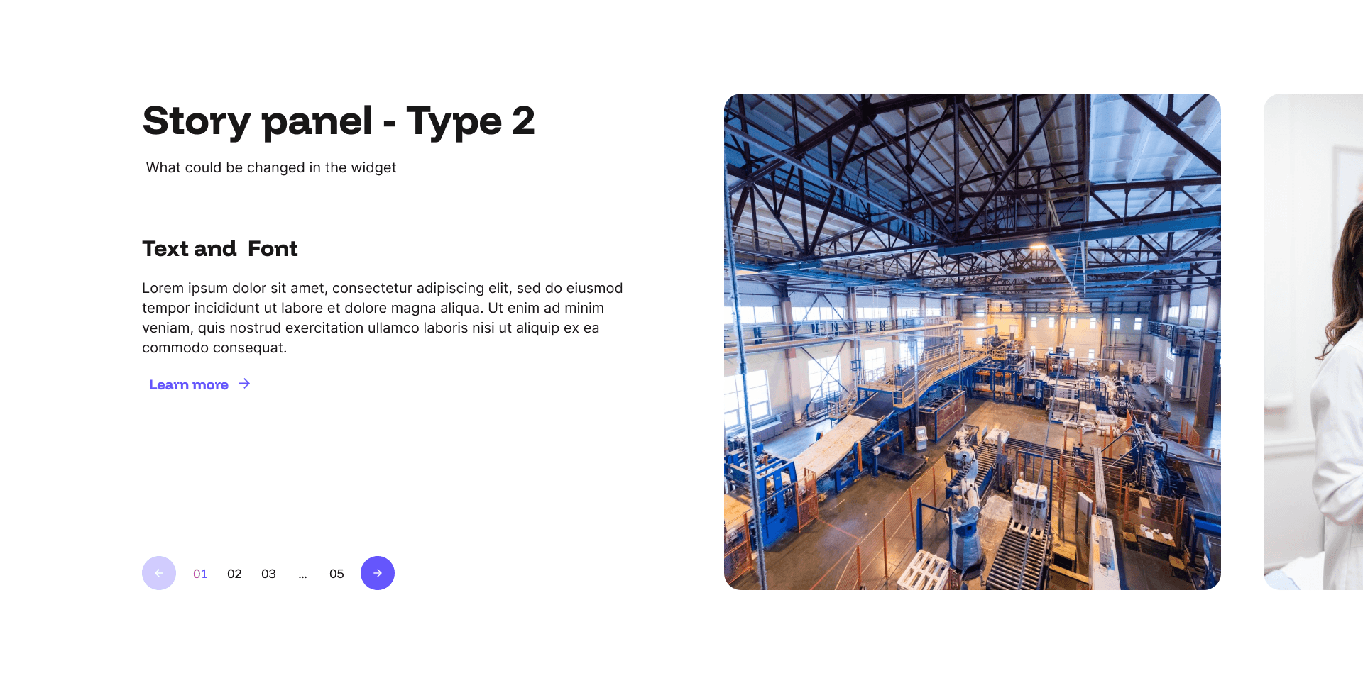 "Story panel - Type 2" example page: text panel beside a factory warehouse photo with pagination