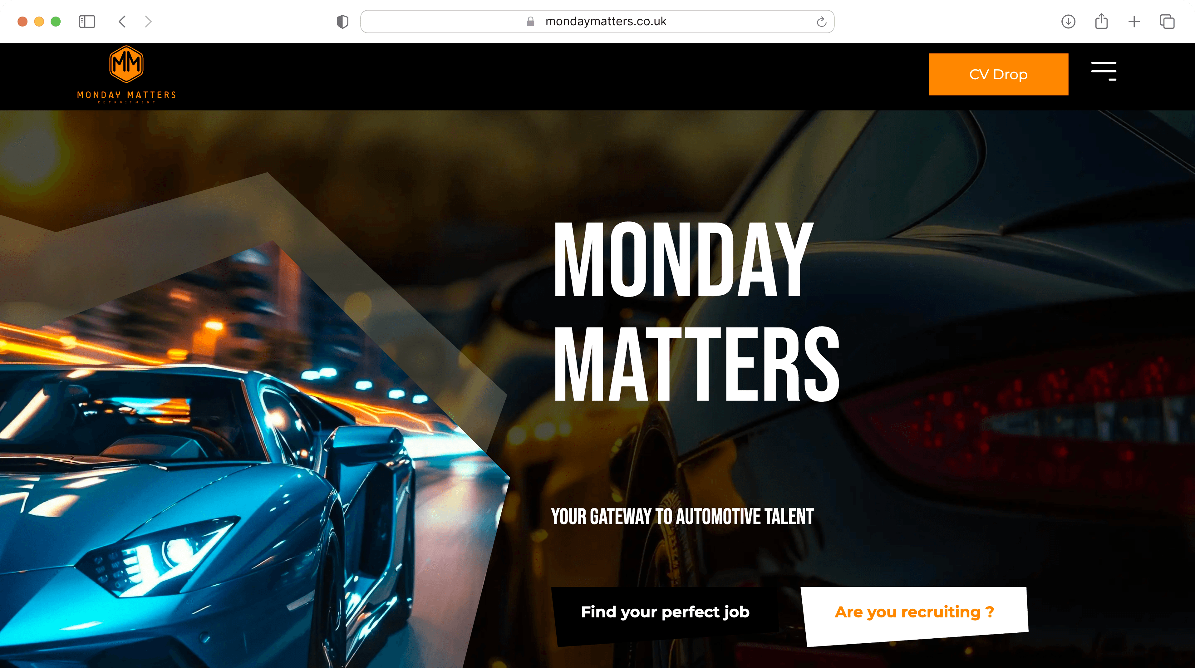Homepage screenshot of Monday Matters website with automotive imagery