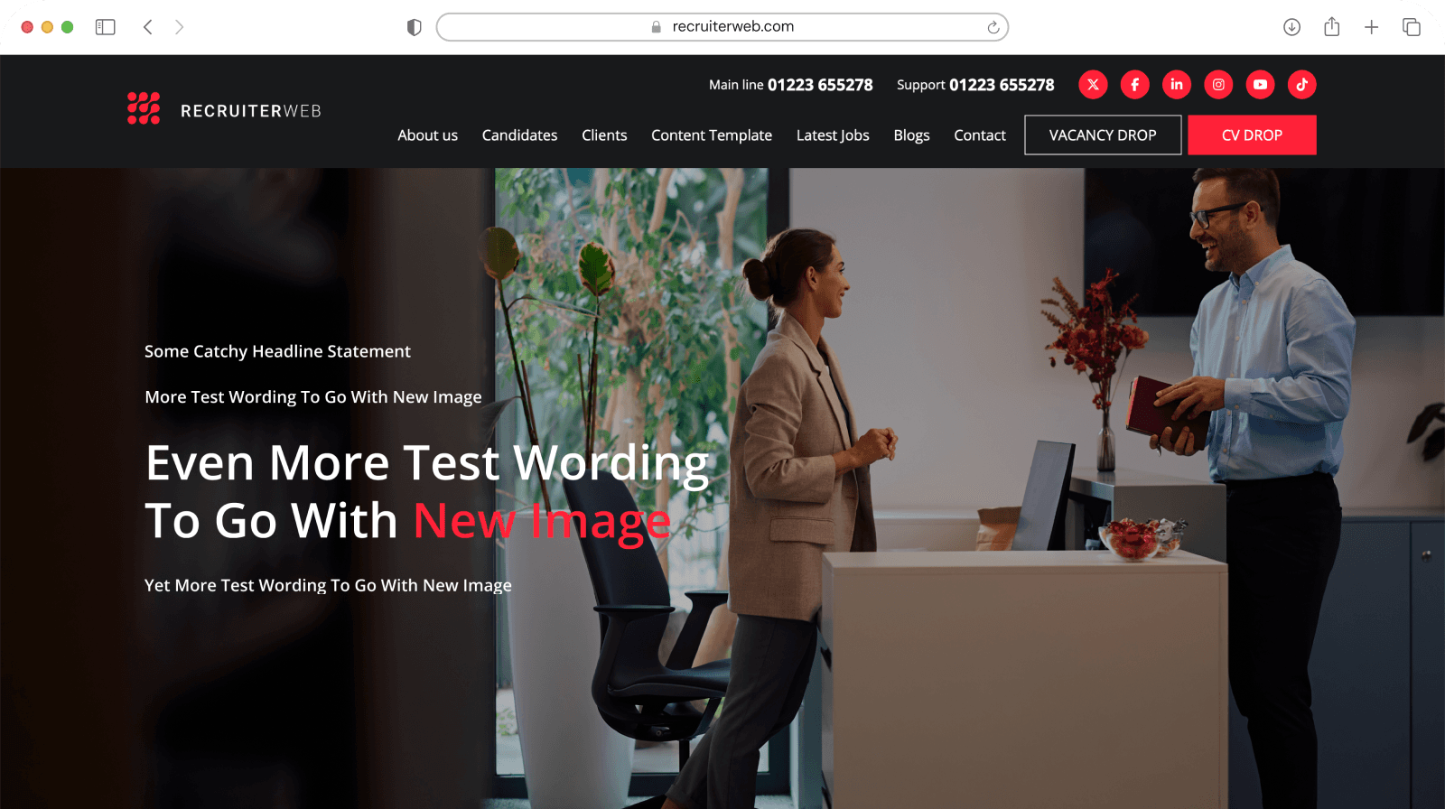 Website theme preview: dark hero with reception desk photo and test placeholder text