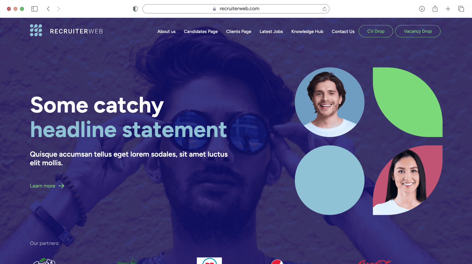 Website theme preview: purple gradient hero with profile photo circles