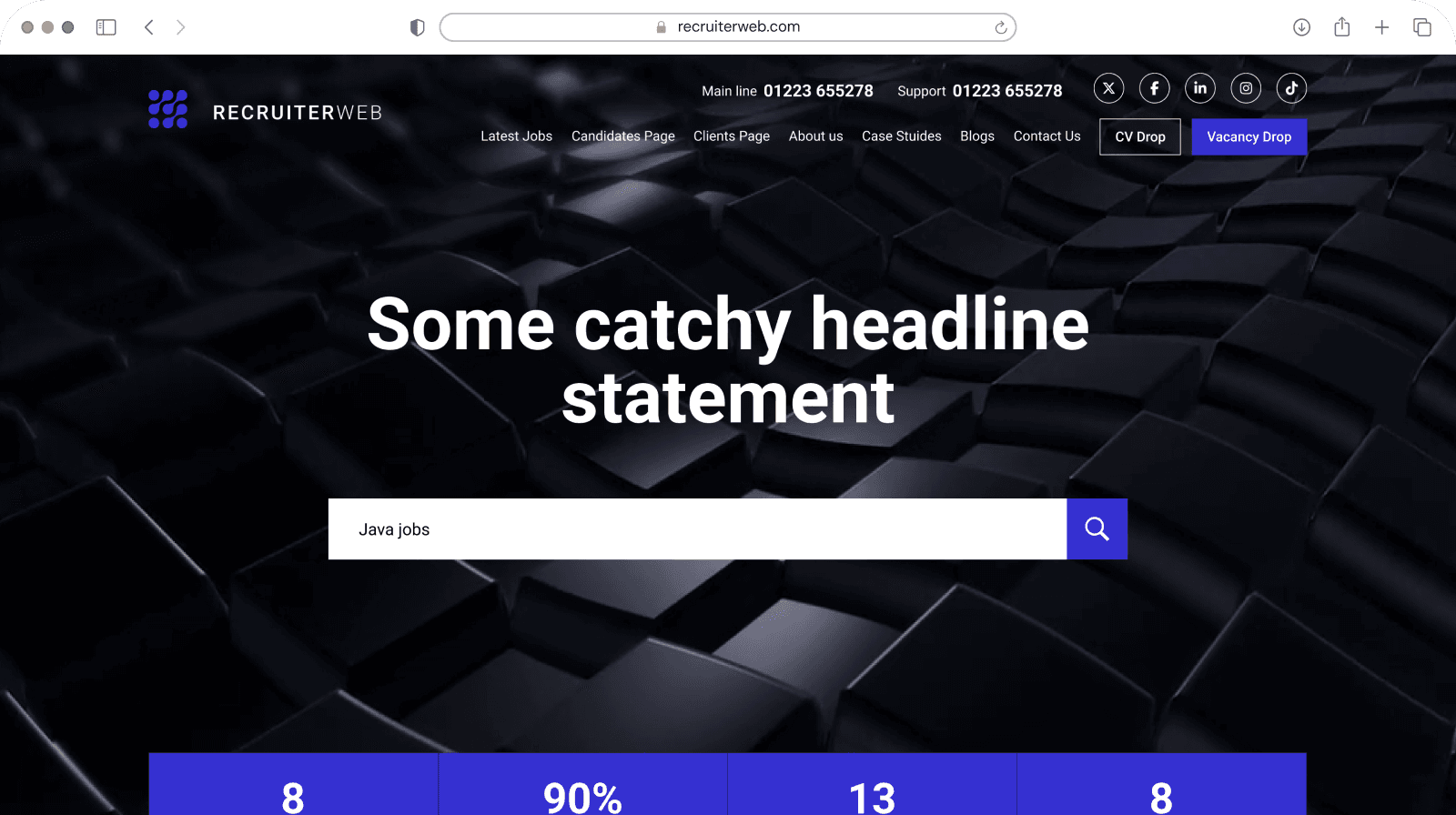 Website theme preview: dark hero with a keyword job search bar