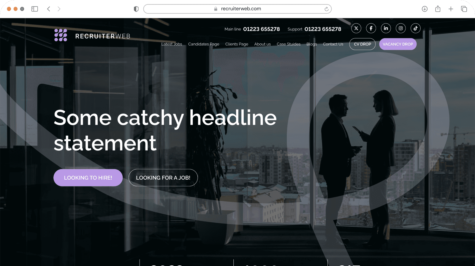 Website theme preview: dark hero with hire/job-seeker buttons over office silhouettes