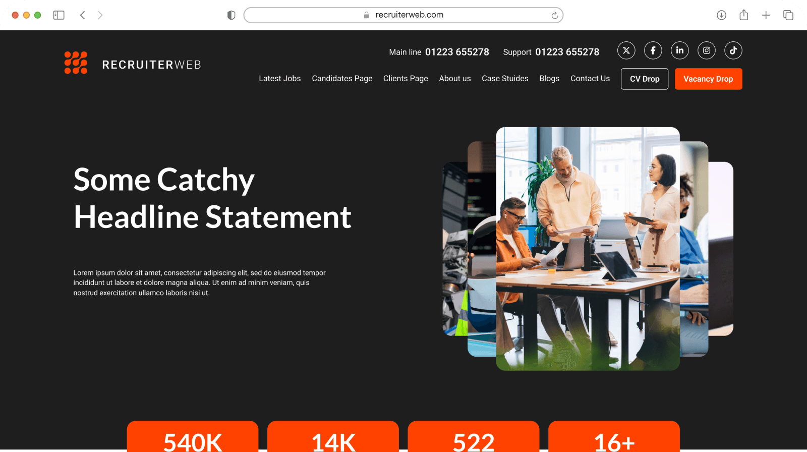 Website theme preview: dark hero with orange accents and team meeting photo