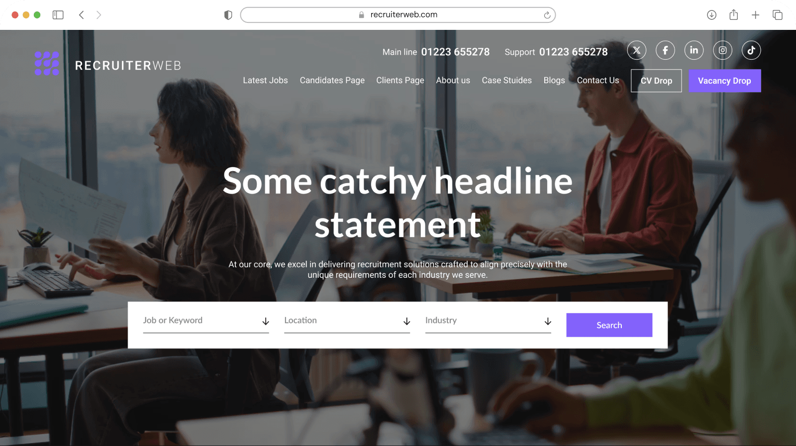 Website theme preview: light hero with office photo and job search fields