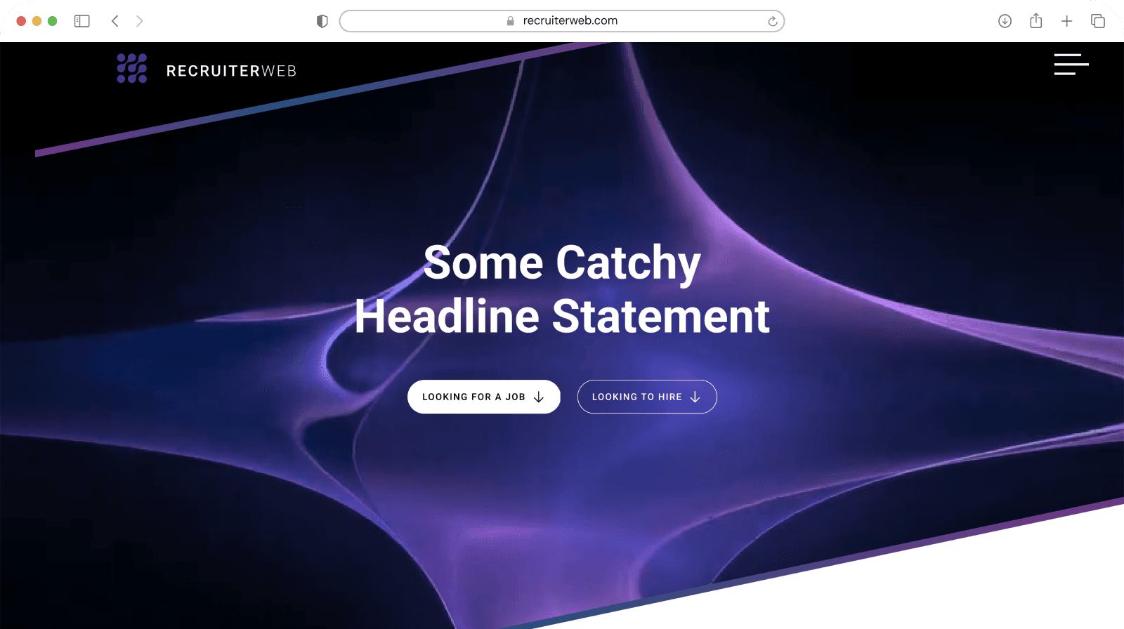 Website theme preview: purple abstract hero with hire/job-seeker buttons