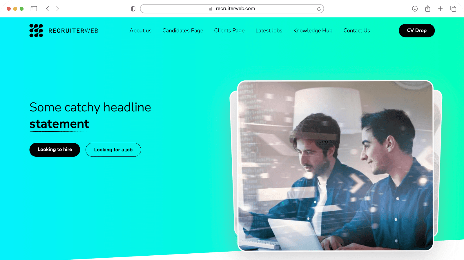 Website theme preview: teal gradient hero with hire/job-seeker buttons and coworkers photo