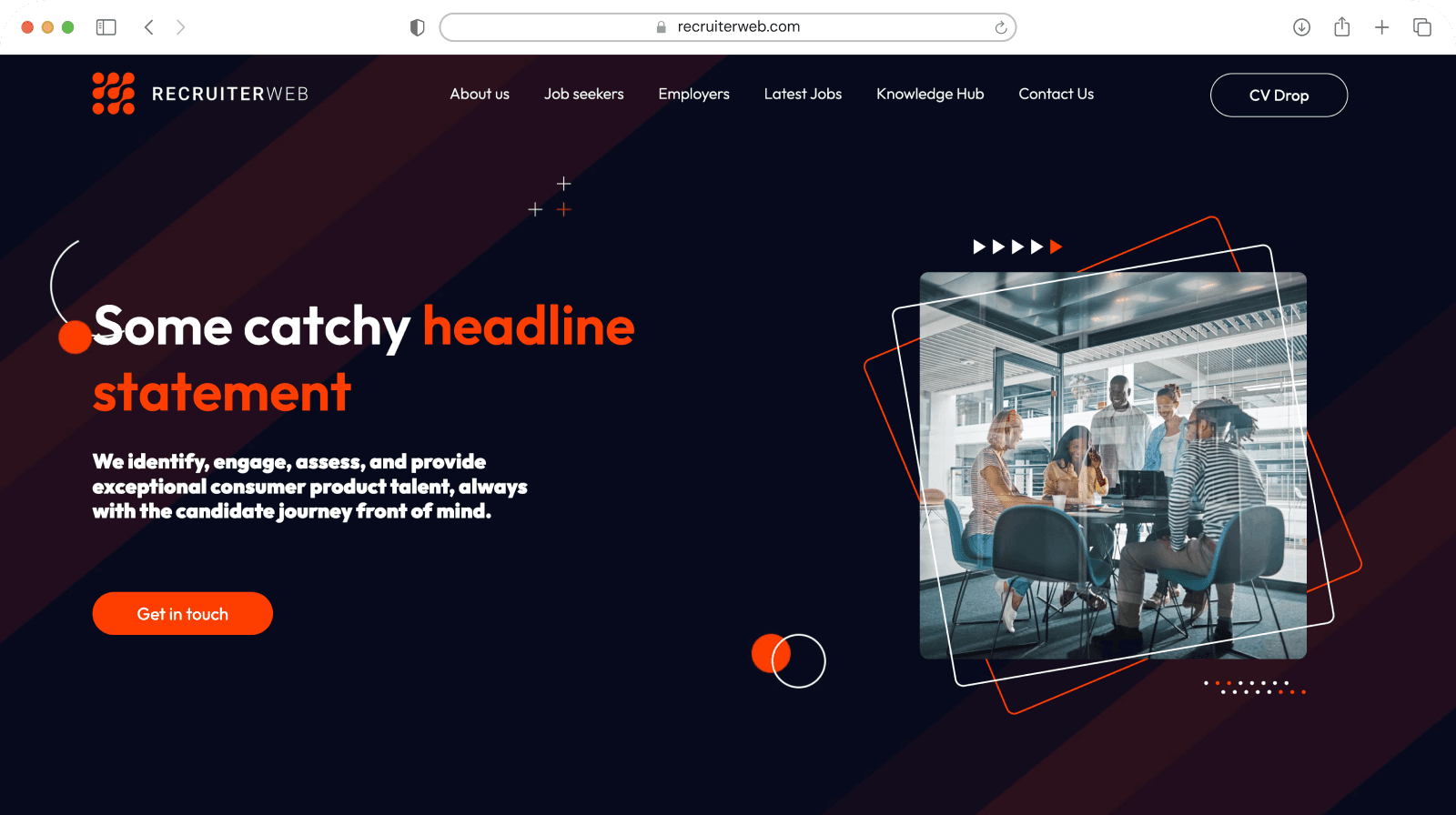 Website theme preview: dark hero with orange accents and meeting room photo