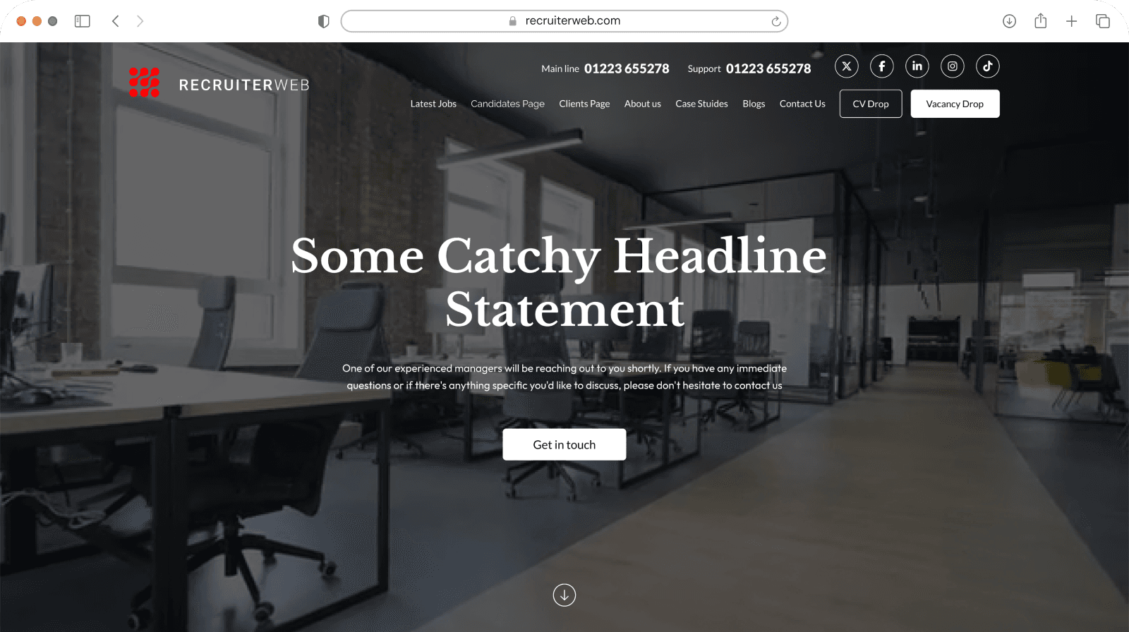 Website theme preview: dark hero with serif headline over office photo