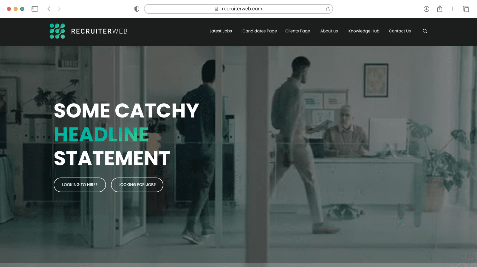 Website theme preview: dark hero with teal accent and office corridor photo