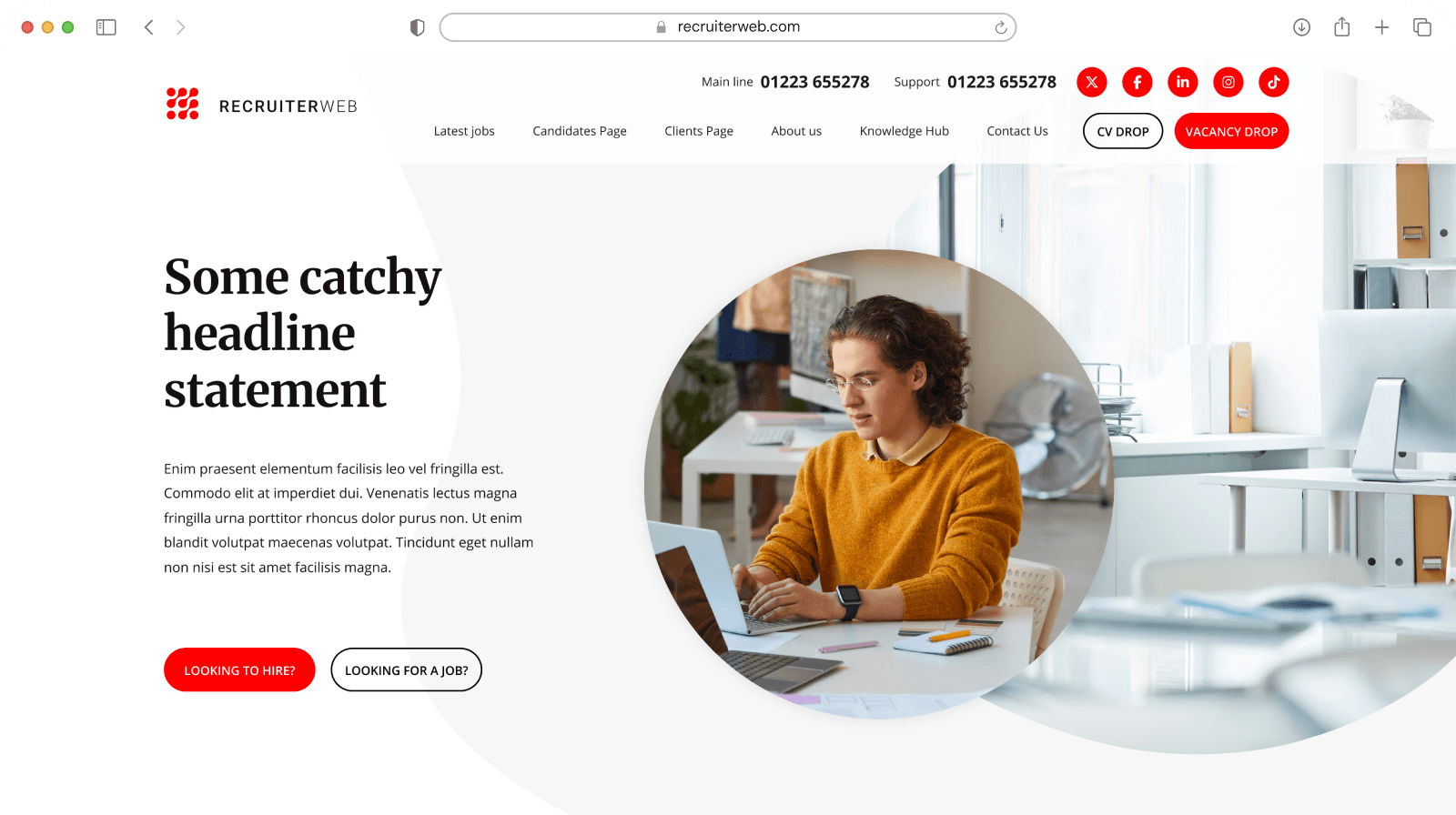 Website theme preview: white and red hero with circular photo of person working
