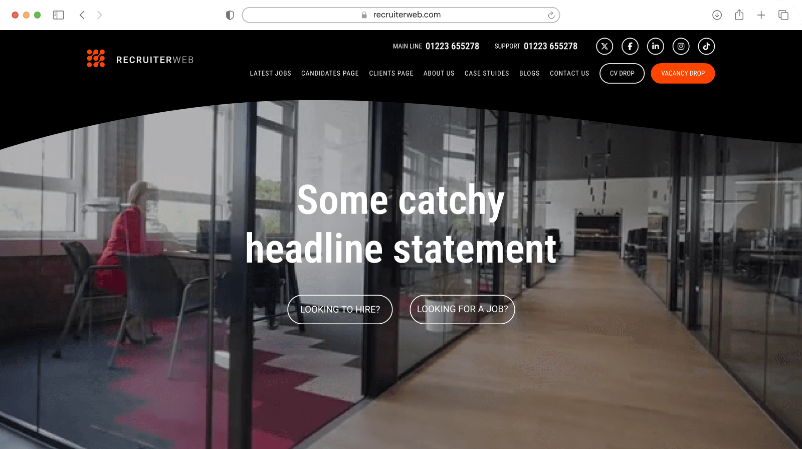 Website theme preview: black hero with glass office corridor photo
