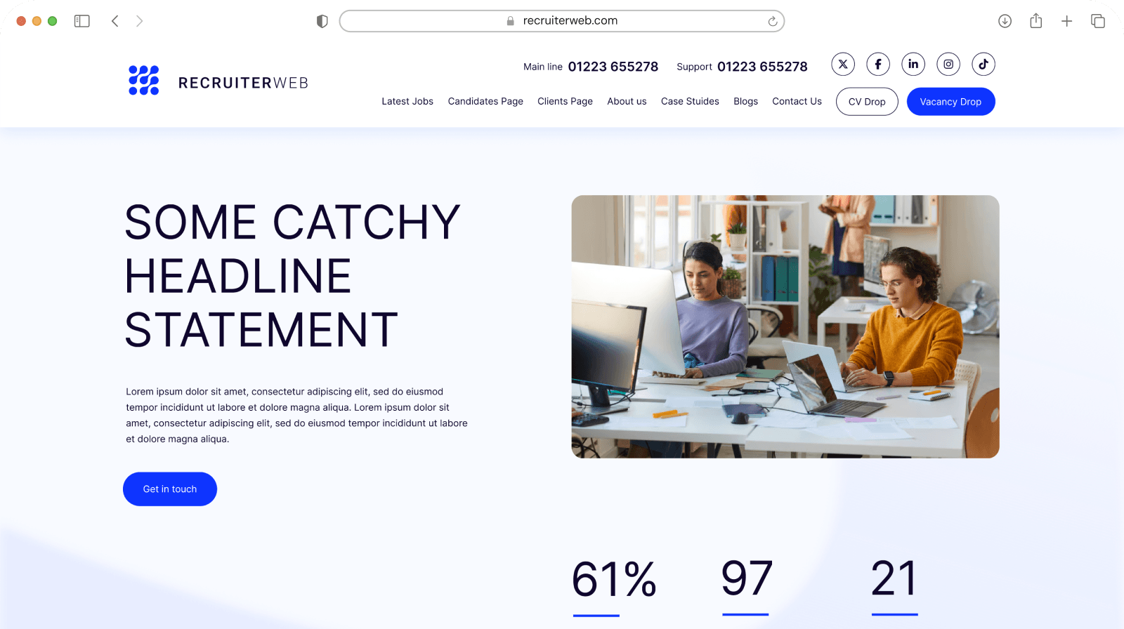 Website theme preview: white hero with circular office team photo