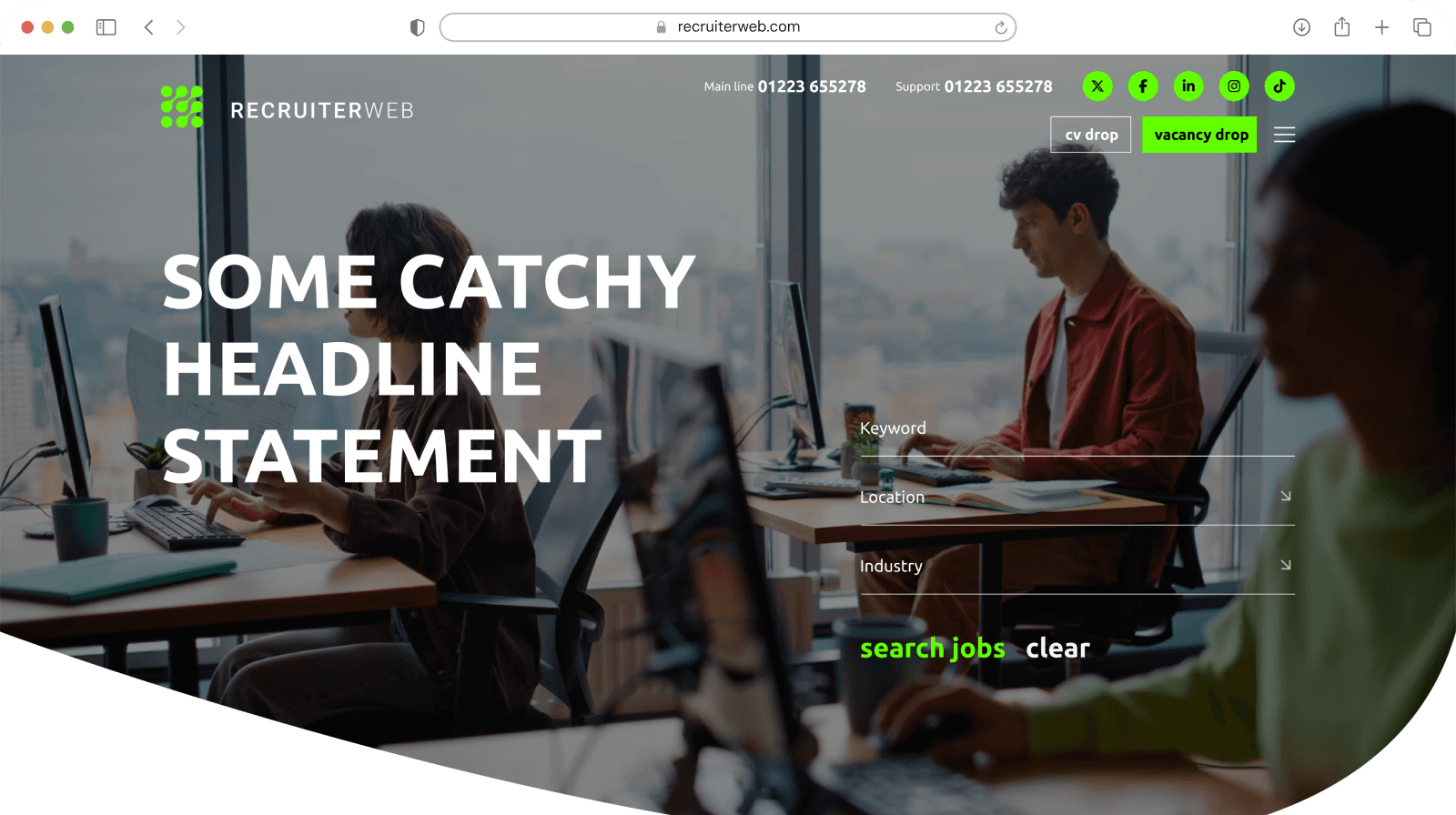 Website theme preview: black hero with red accents and glass office photo