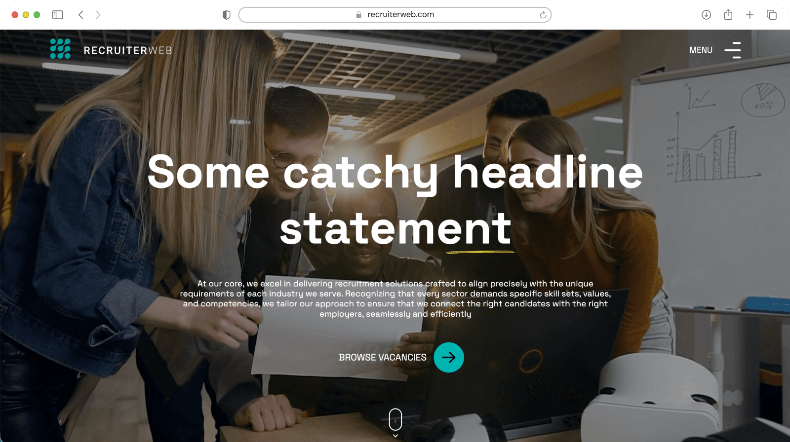 Website theme preview: white and blue hero with office photo and stats