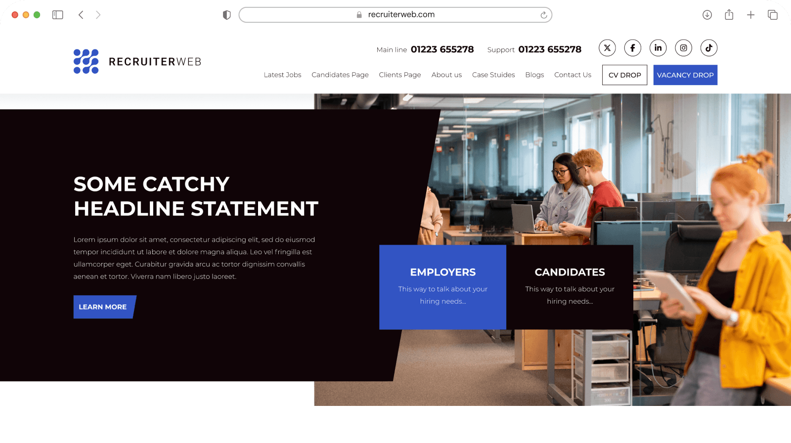 Website theme preview: dark green hero with keyword search bar