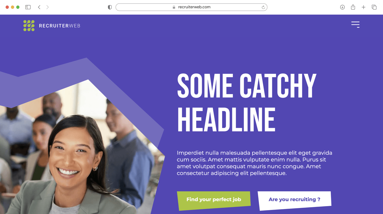 Website theme preview: grayscale photo hero of woman with laptop