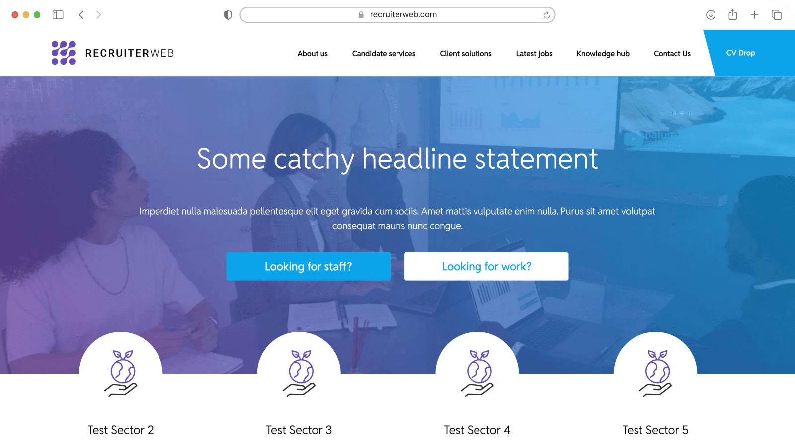 Website theme preview: blue hero with meeting room photo