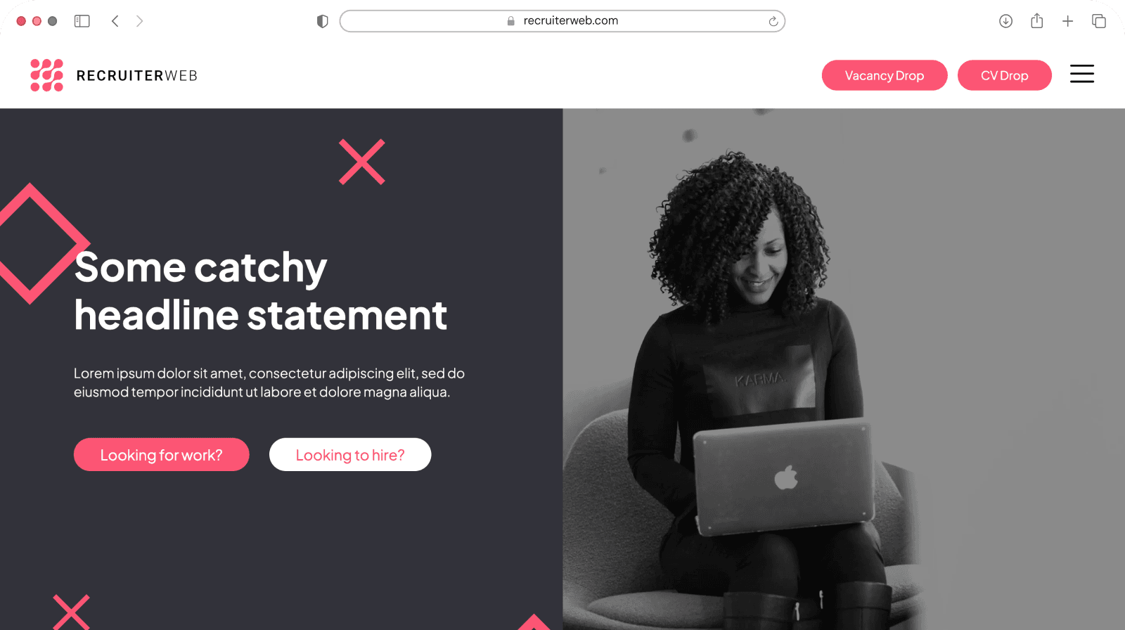 Website theme preview: red hero with three-photo office collage
