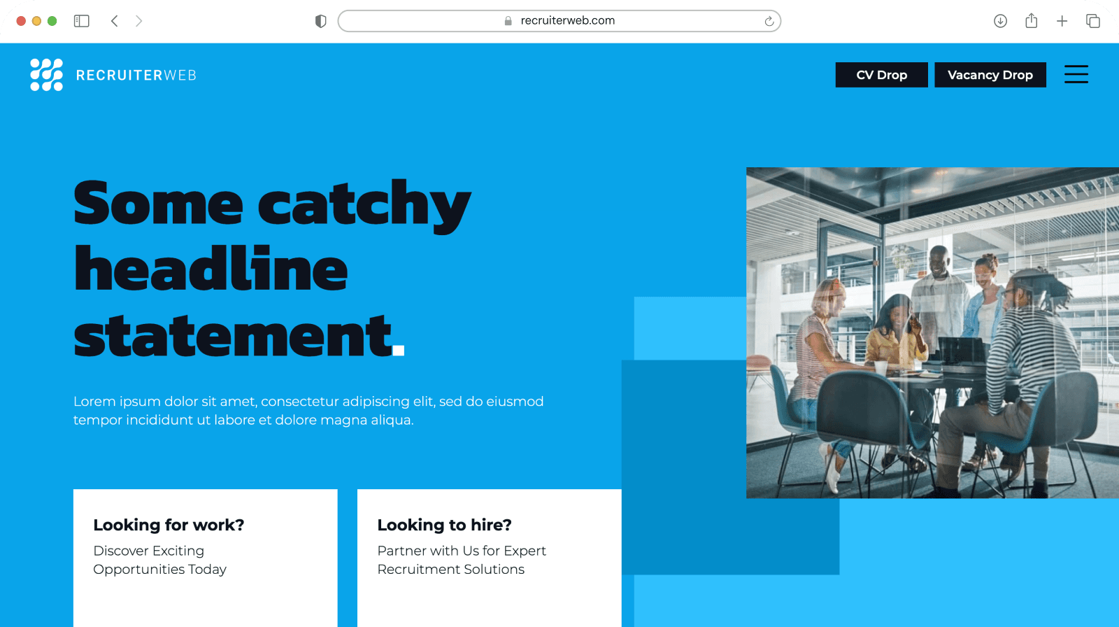 Website theme preview: dark globe dot-pattern hero with Drop CV/Vacancy tags