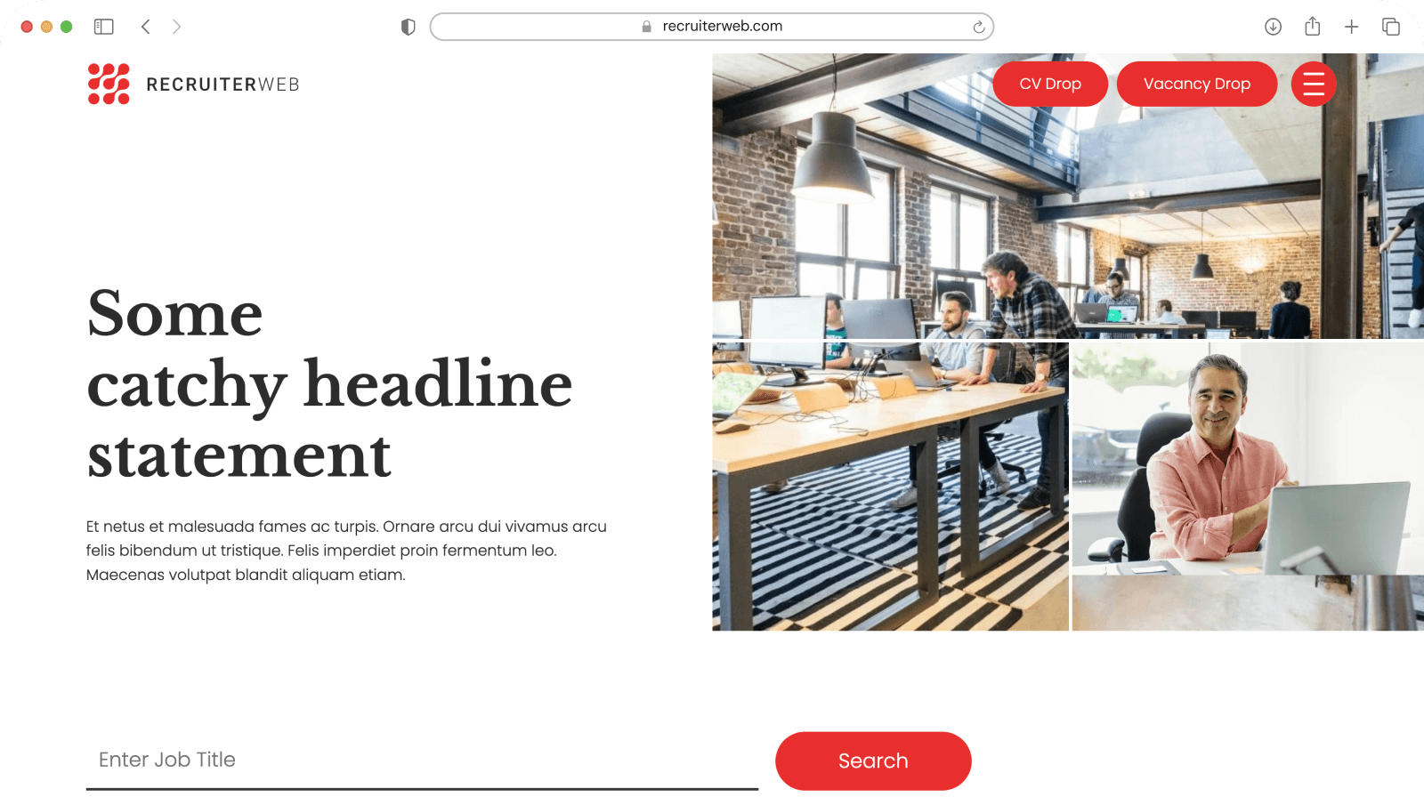 Website theme preview: dark navy hero with woman photo and hiring statistics