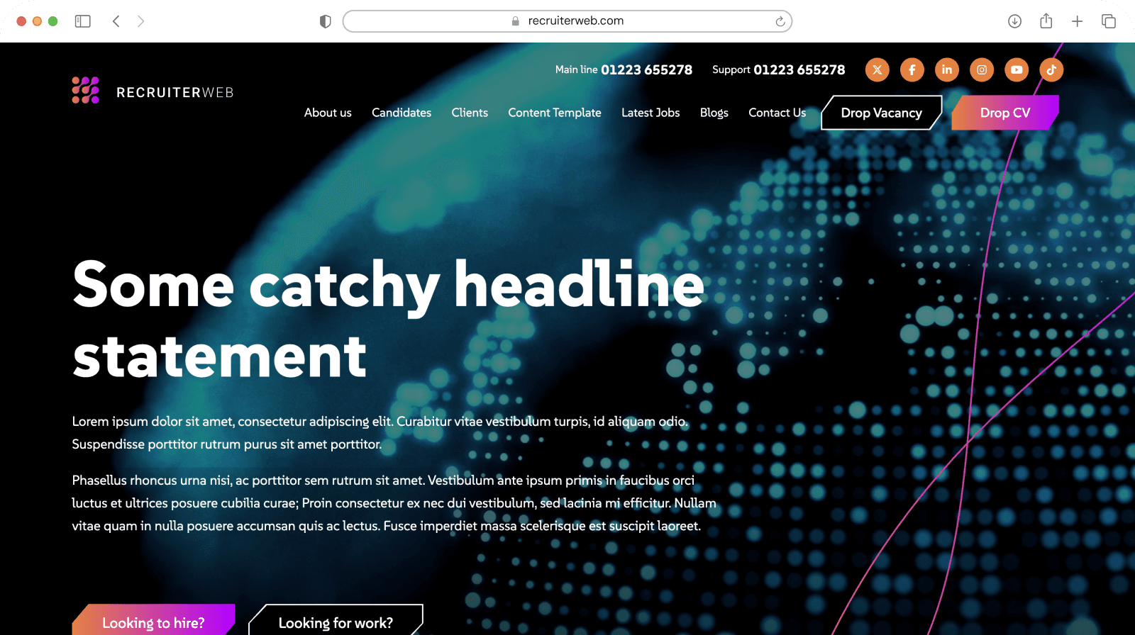 Website theme preview: dark hero with four-face photo collage and Drop CV button