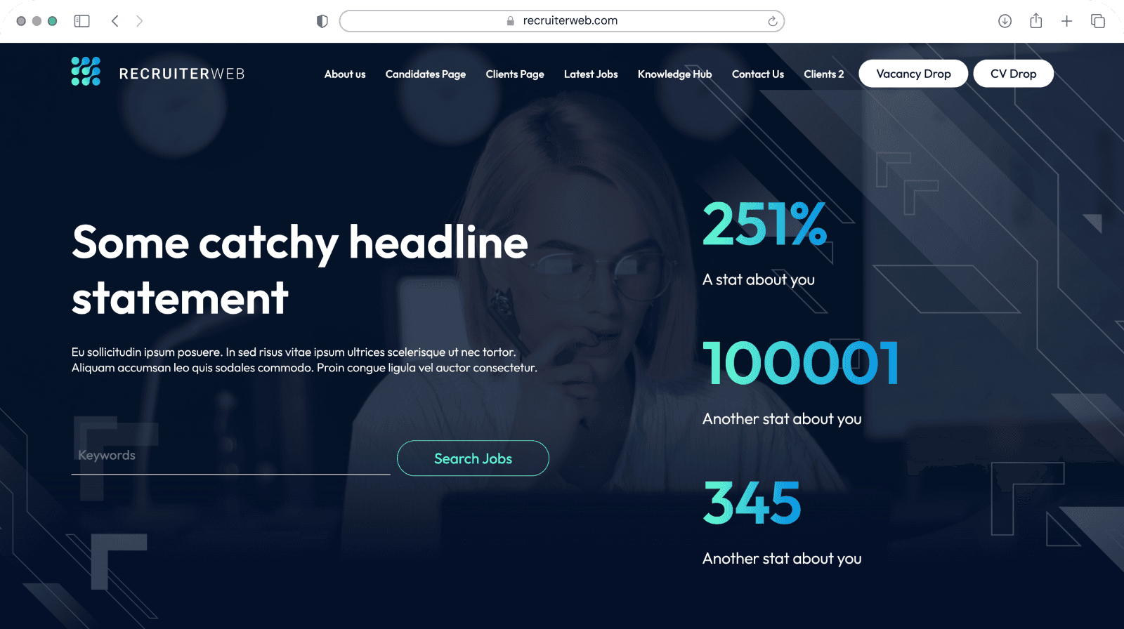 Website theme preview: dark navy hero with woman photo and hiring statistics, alternate copy